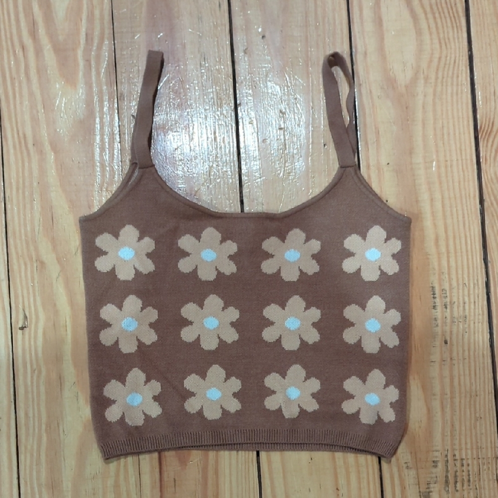 Brown Floral Knit Tank Top